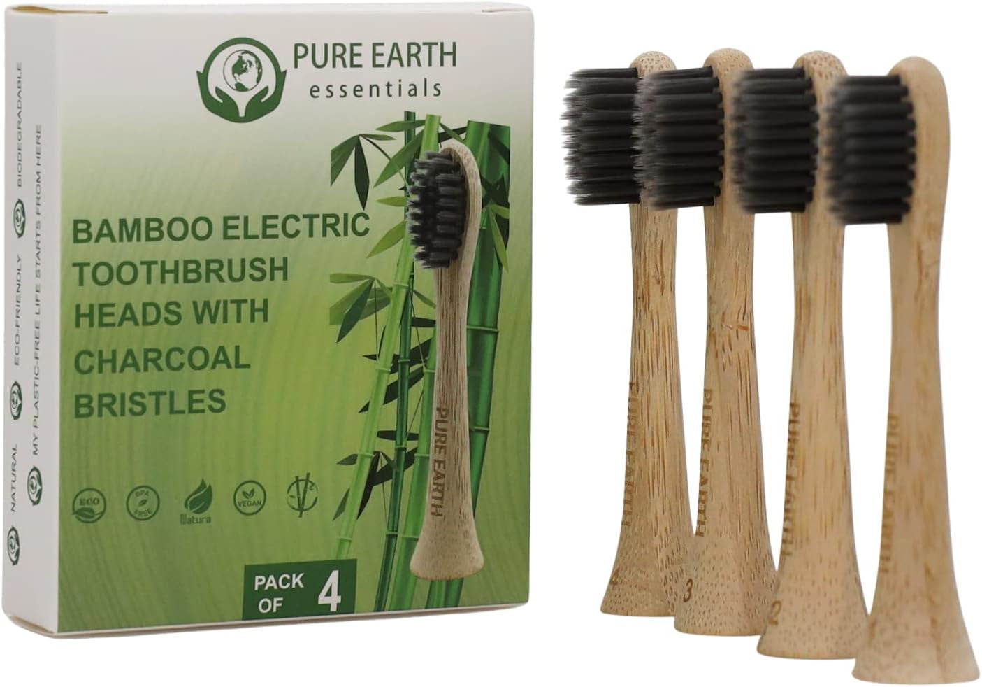 Bamboo Electric Toothbrush Replacement Heads - Compatible with Philips Sonicare Toothbrush - Soft Bristle Natural Electric Bamboo Toothbrush Heads Refill - (Pack of 4) by
