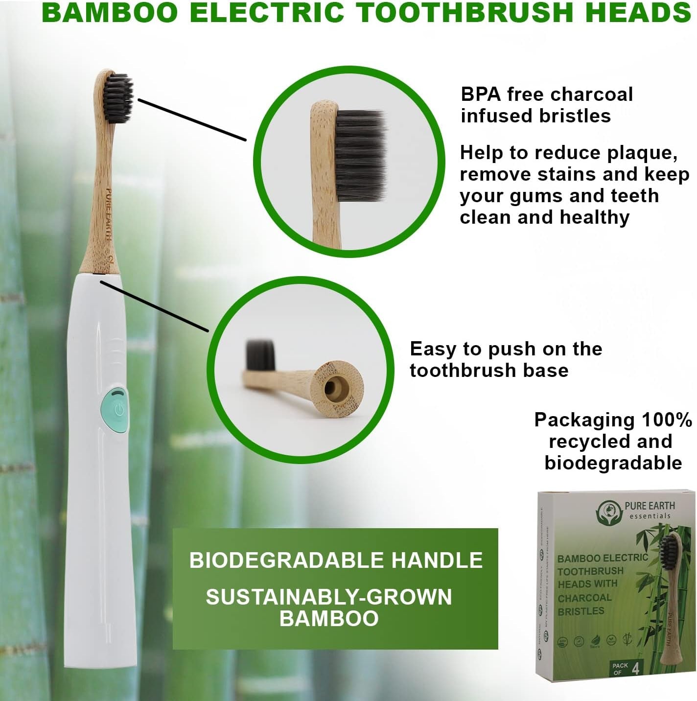 Bamboo Electric Toothbrush Replacement Heads - Compatible with Philips Sonicare Toothbrush - Soft Bristle Natural Electric Bamboo Toothbrush Heads Refill - (Pack of 4) by